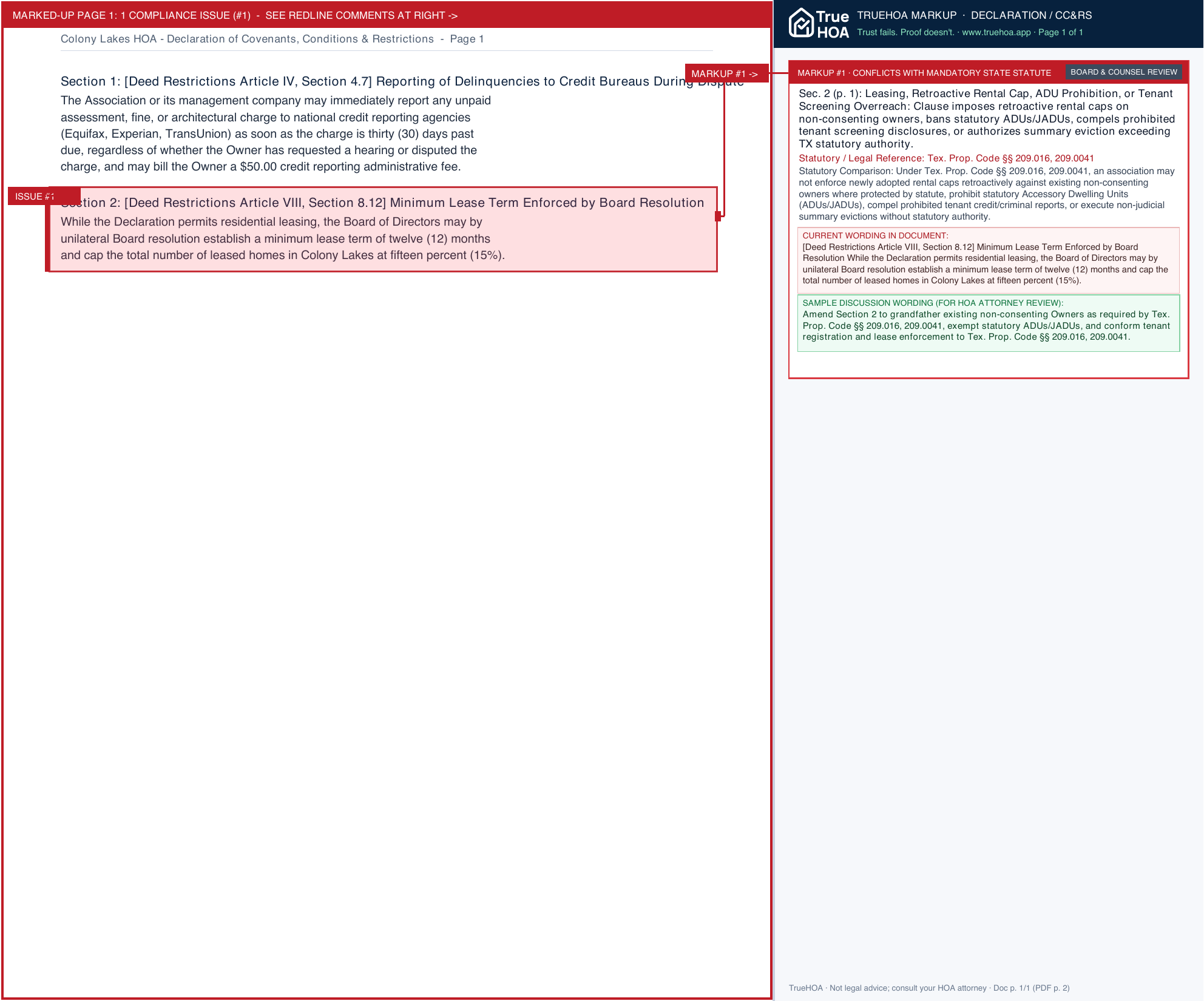 Colony Lakes HOA Declaration of Covenants, Conditions & Restrictions page 1 widened with TrueHOA Crystal AI margin annotations