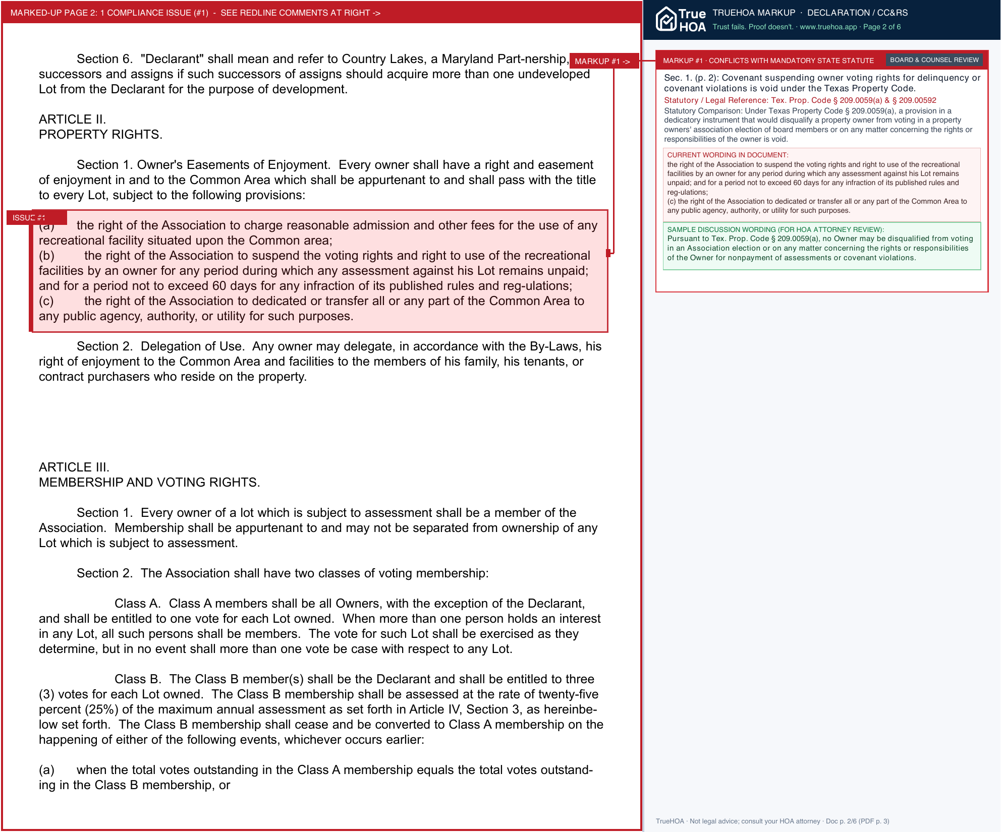 Country Lakes HOA Declaration of Covenants page 2 widened with TrueHOA Crystal AI margin annotations