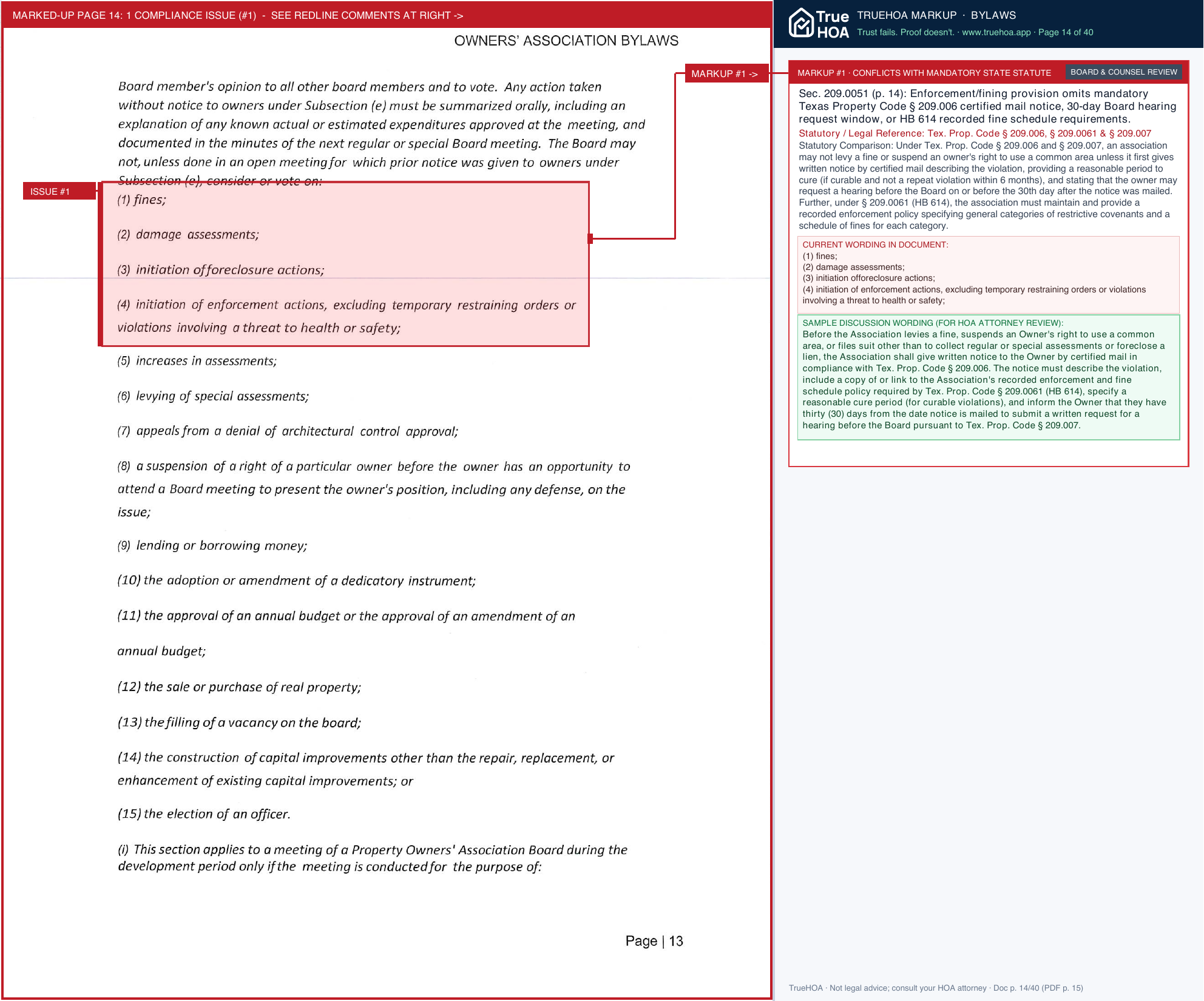 Decordova Bend Estates Owners Association 2026 February Owners Association By Laws page 14 widened with TrueHOA Crystal AI margin annotations