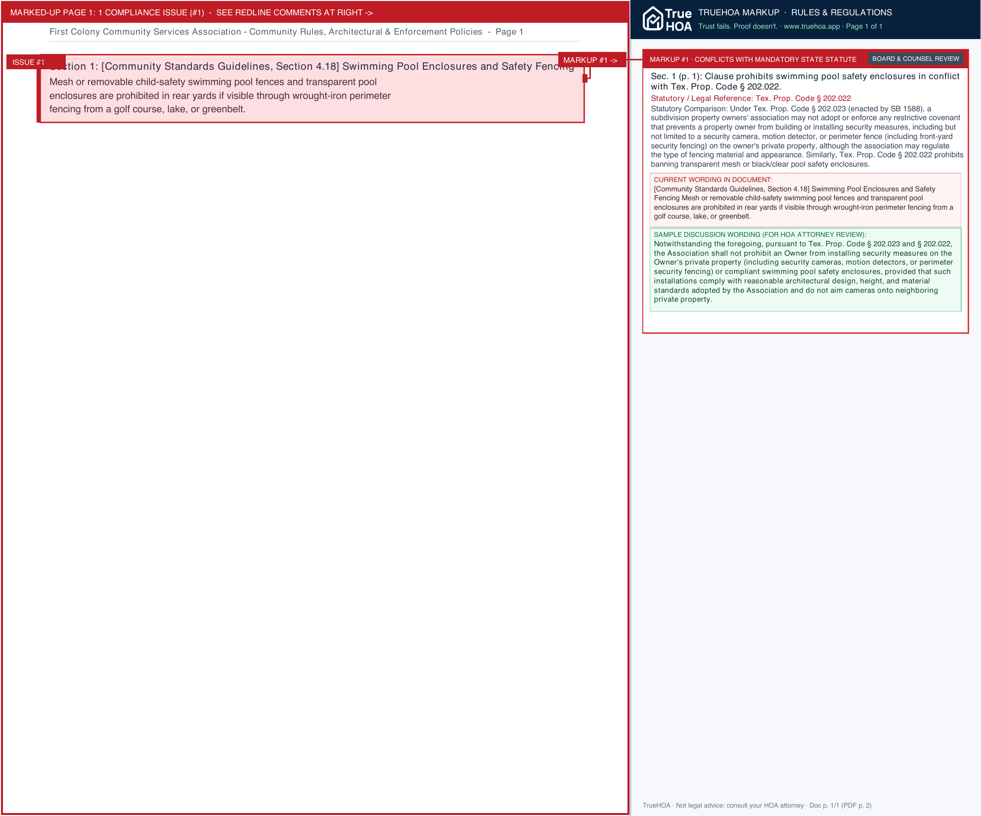 First Colony Community Services Association Community Rules, Architectural & Enforcement Policies page 1 widened with TrueHOA Crystal AI margin annotations