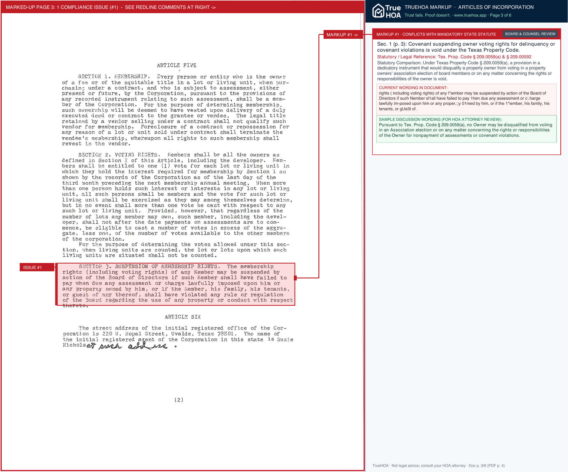 Frio Community Improvement Association Fcia Charter page 3 widened with TrueHOA Crystal AI margin annotations