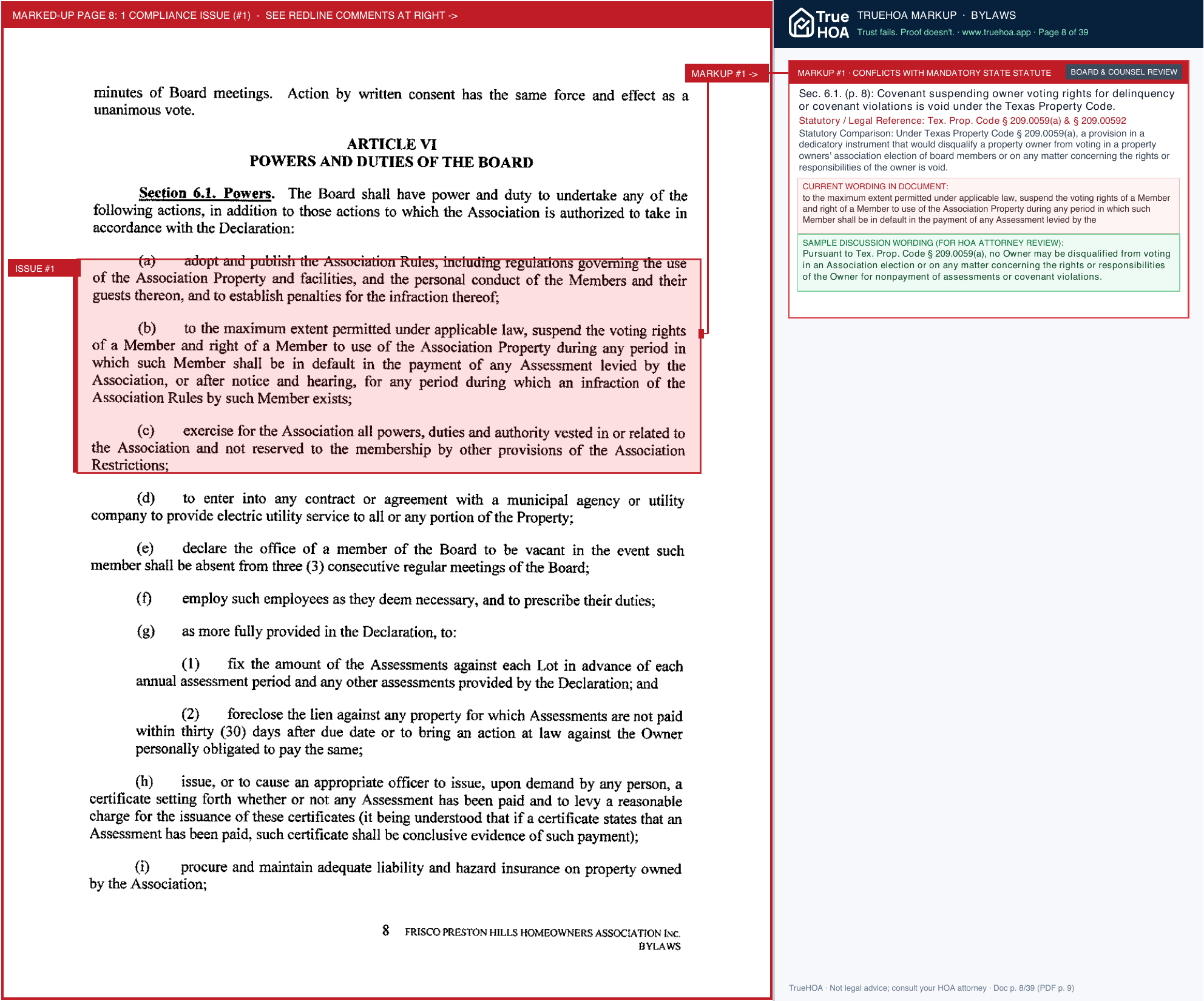 Frisco Preston Hills HOA Recorded Bylaws from CCRs Frisco Preston Hills.sflb.ashx page 8 widened with TrueHOA Crystal AI margin annotations