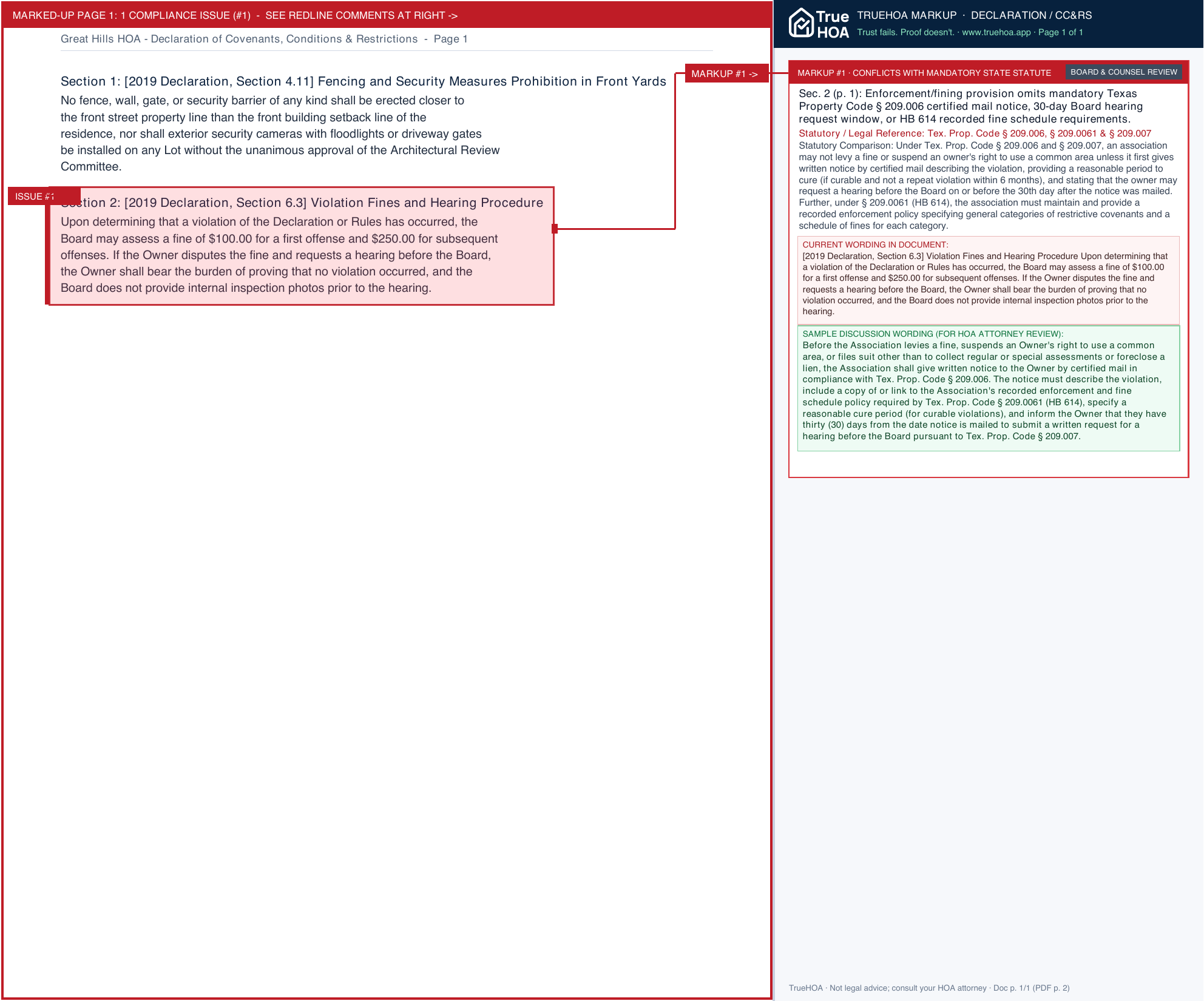 Great Hills HOA Declaration of Covenants, Conditions & Restrictions page 1 widened with TrueHOA Crystal AI margin annotations