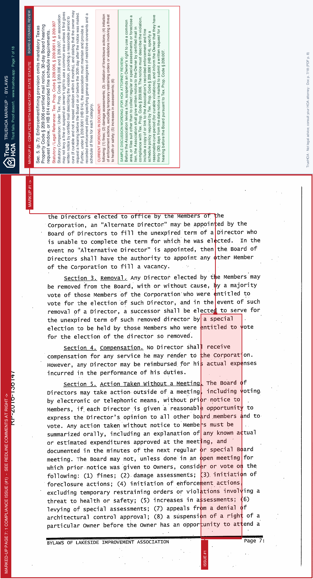 Lakeside Improvement Association Association Bylaws page 7 widened with TrueHOA Crystal AI margin annotations