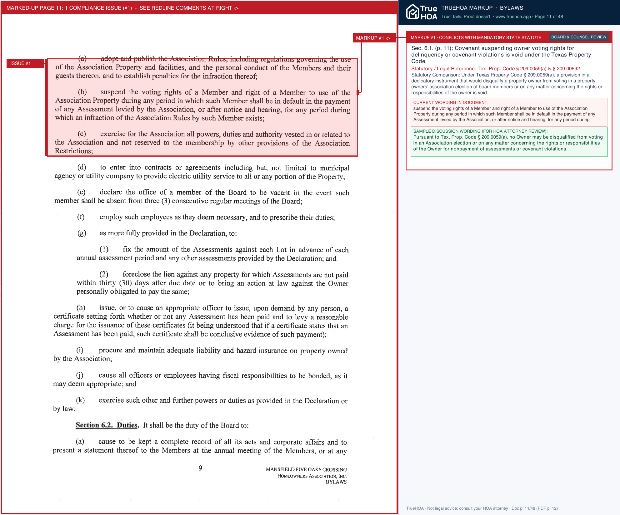Mansfield Five Oaks Crossing HOA Mansfield Five Oaks Crossing Recorded Bylaws.sflb.ashx page 11 widened with TrueHOA Crystal AI margin annotations