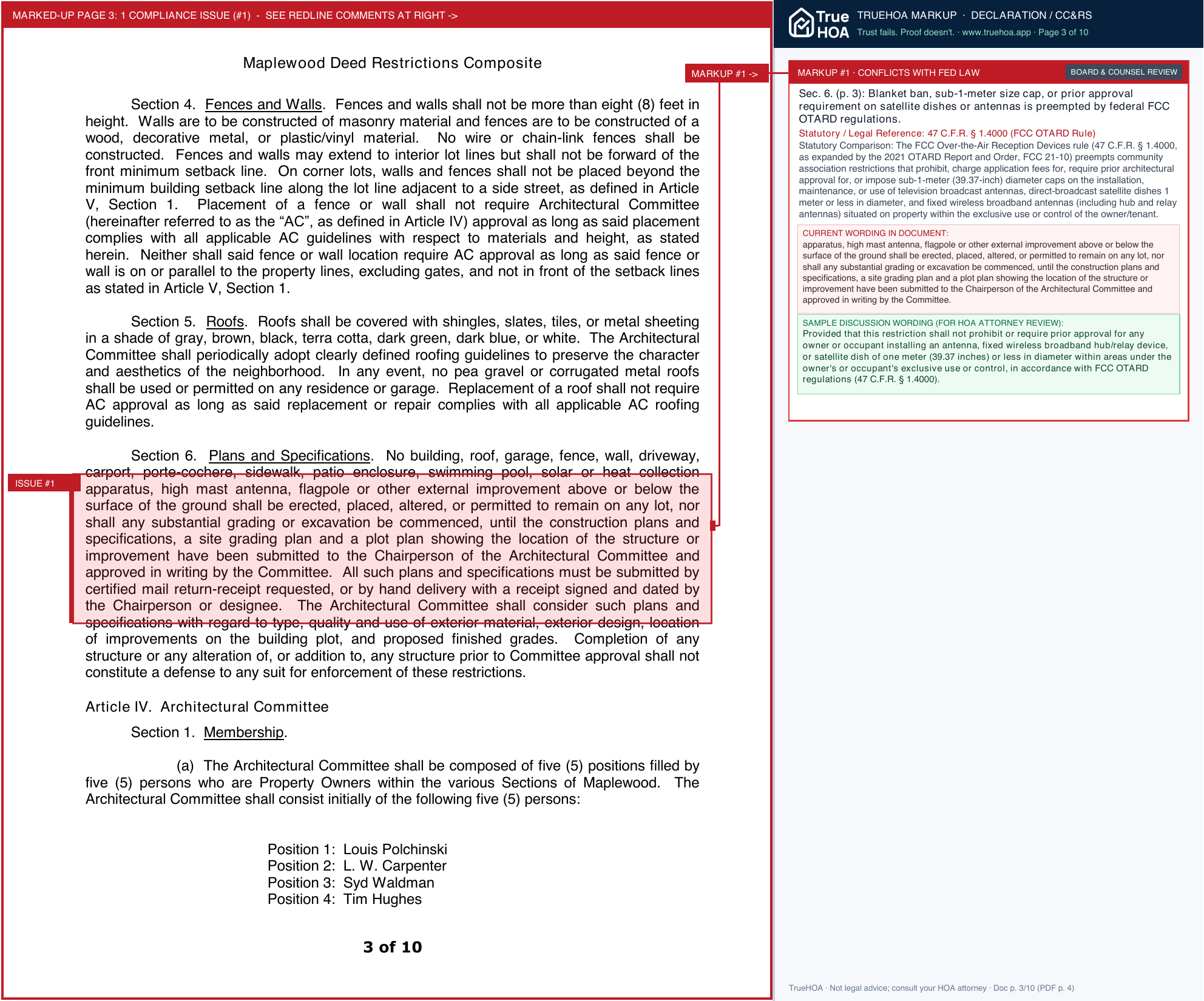Maplewood Civic Club Declaration of Covenants, Conditions & Restrictions page 3 widened with TrueHOA Crystal AI margin annotations