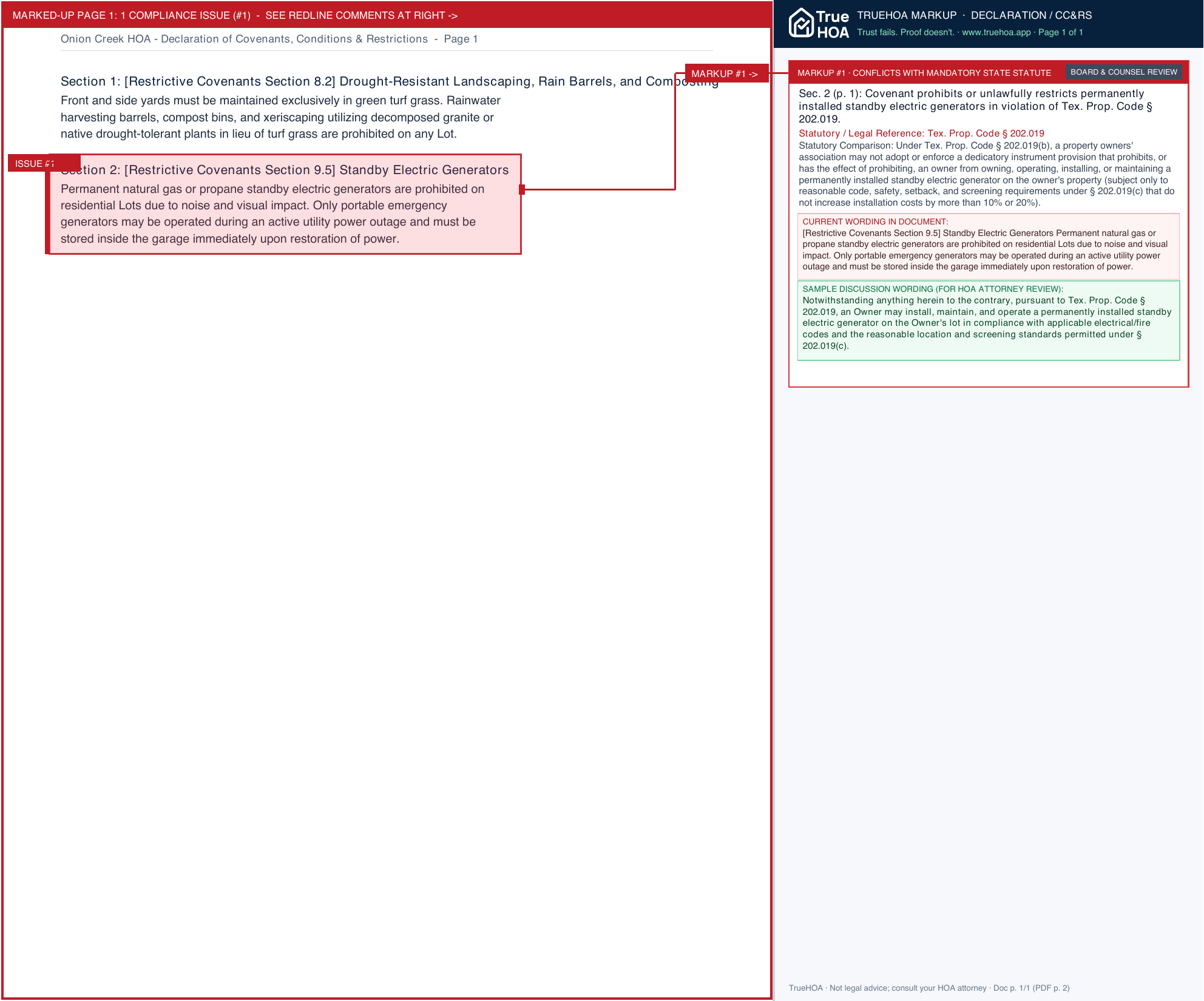 Onion Creek HOA Declaration of Covenants, Conditions & Restrictions page 1 widened with TrueHOA Crystal AI margin annotations