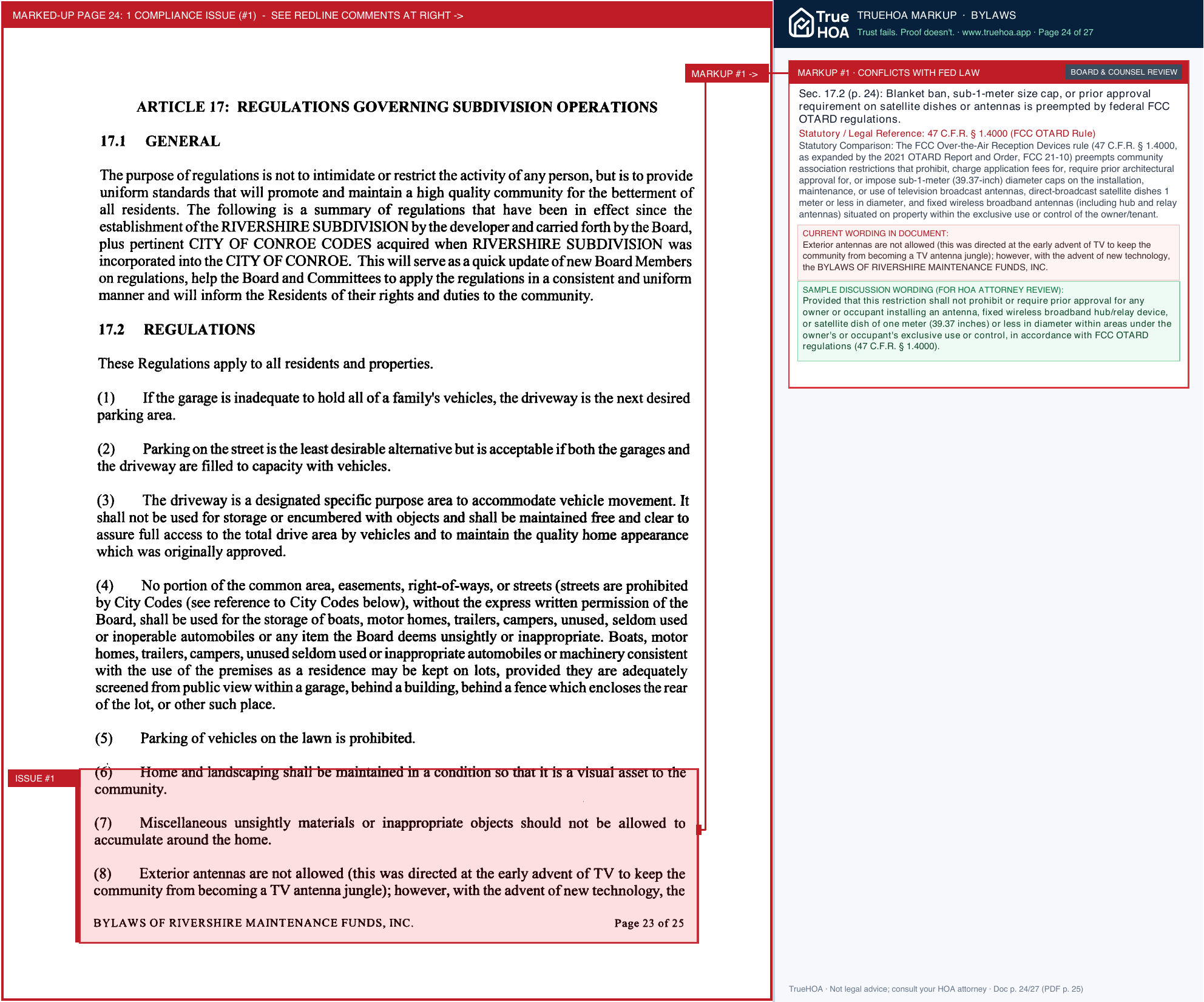 Rivershire HOA Association Bylaws page 24 widened with TrueHOA Crystal AI margin annotations