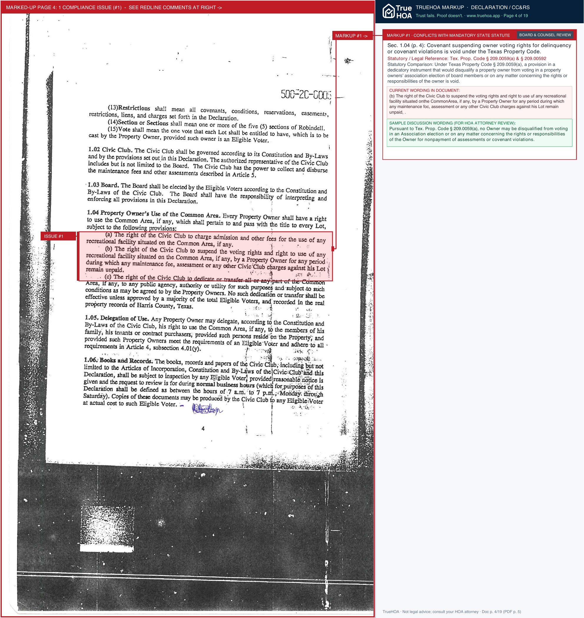 Robindell Civic Club Robindell Deed Restrictions page 4 widened with TrueHOA Crystal AI margin annotations