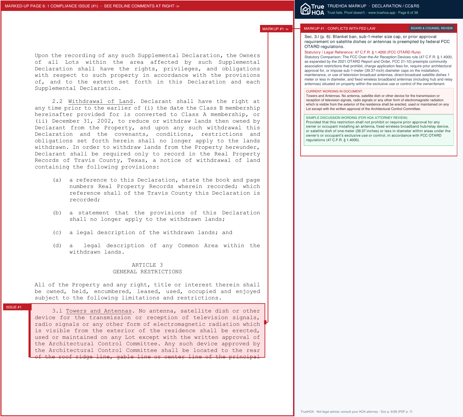 Scofield Farms Residential Owners Association Deed Restrictions page 6 widened with TrueHOA Crystal AI margin annotations
