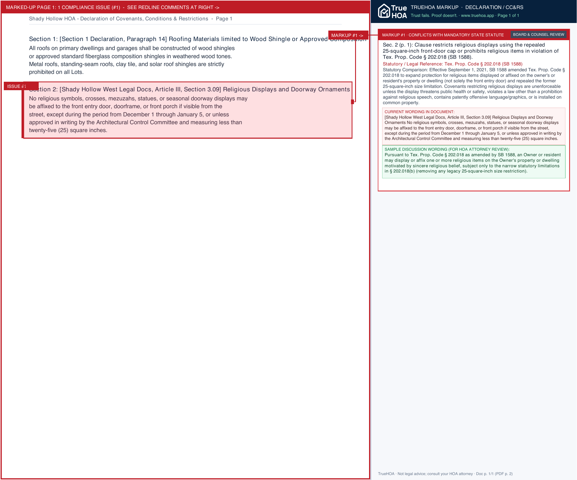 Shady Hollow HOA Declaration of Covenants, Conditions & Restrictions page 1 widened with TrueHOA Crystal AI margin annotations