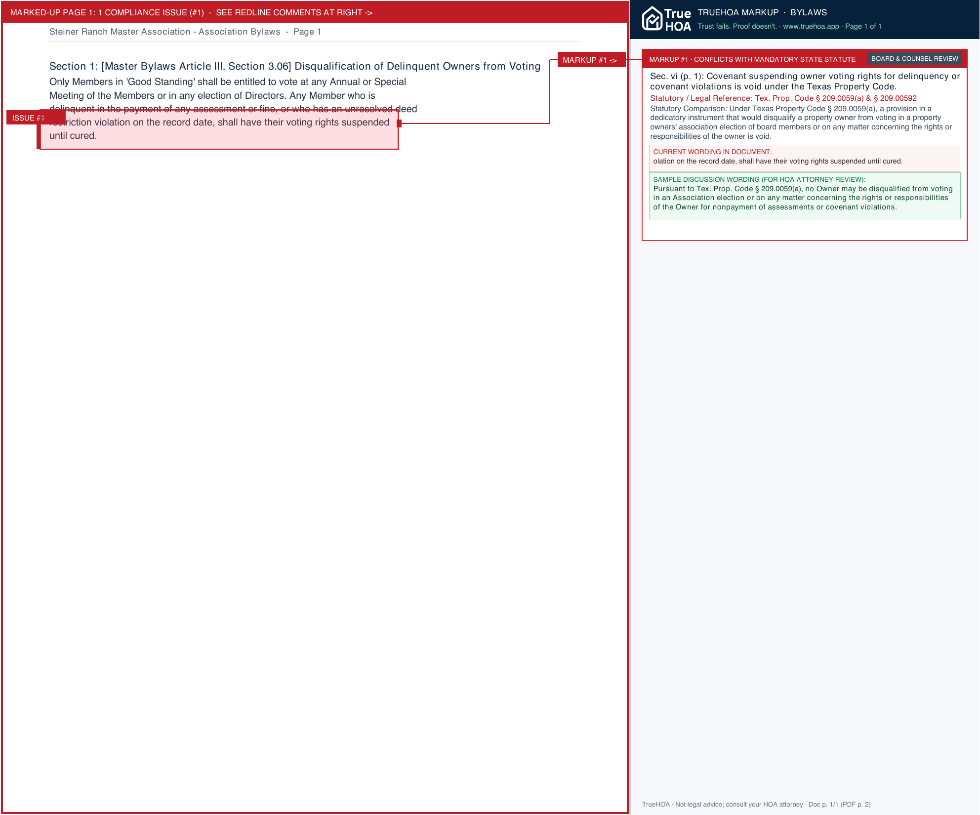 Steiner Ranch Master Association Association Bylaws page 1 widened with TrueHOA Crystal AI margin annotations