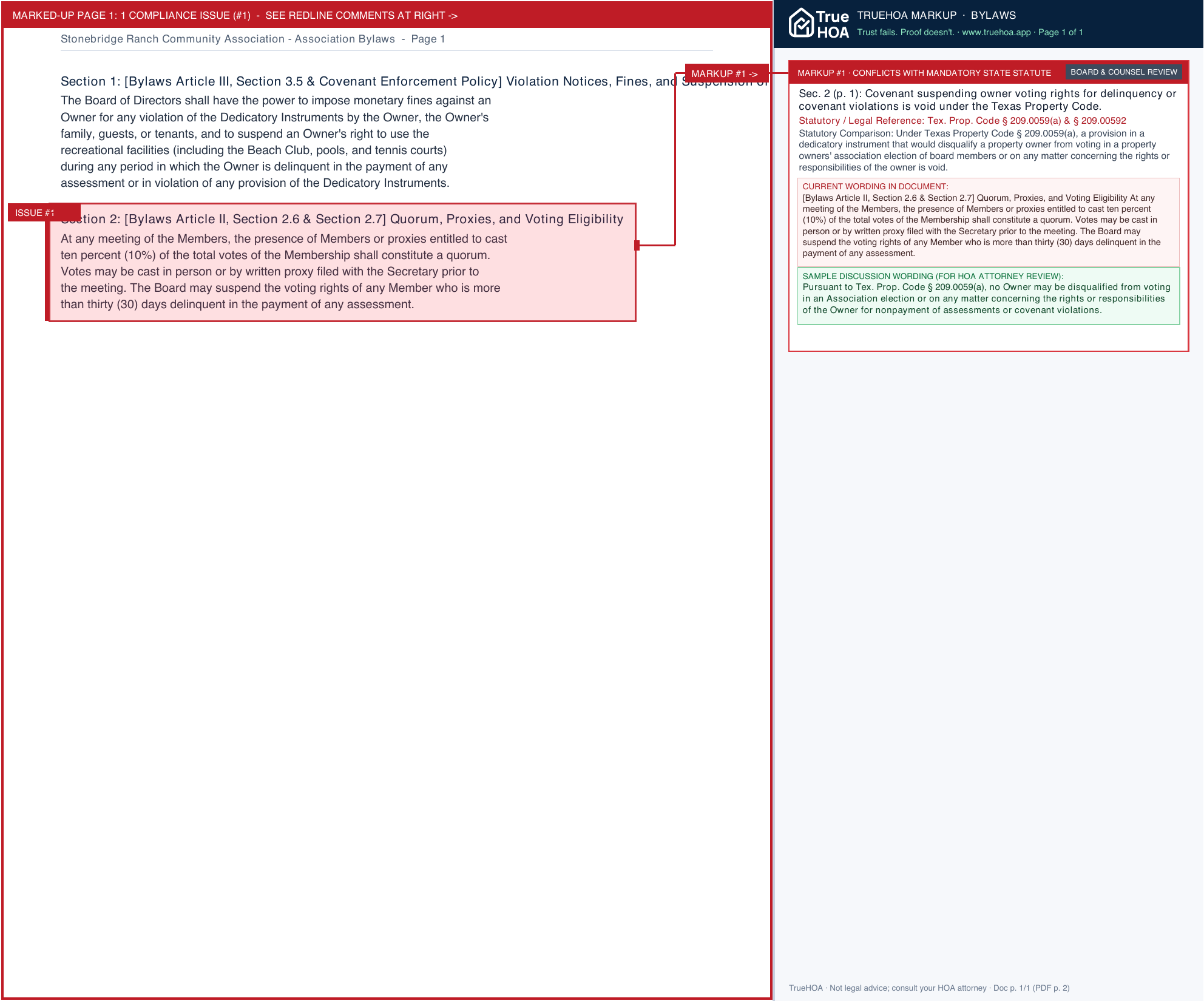 Stonebridge Ranch Community Association Association Bylaws page 1 widened with TrueHOA Crystal AI margin annotations