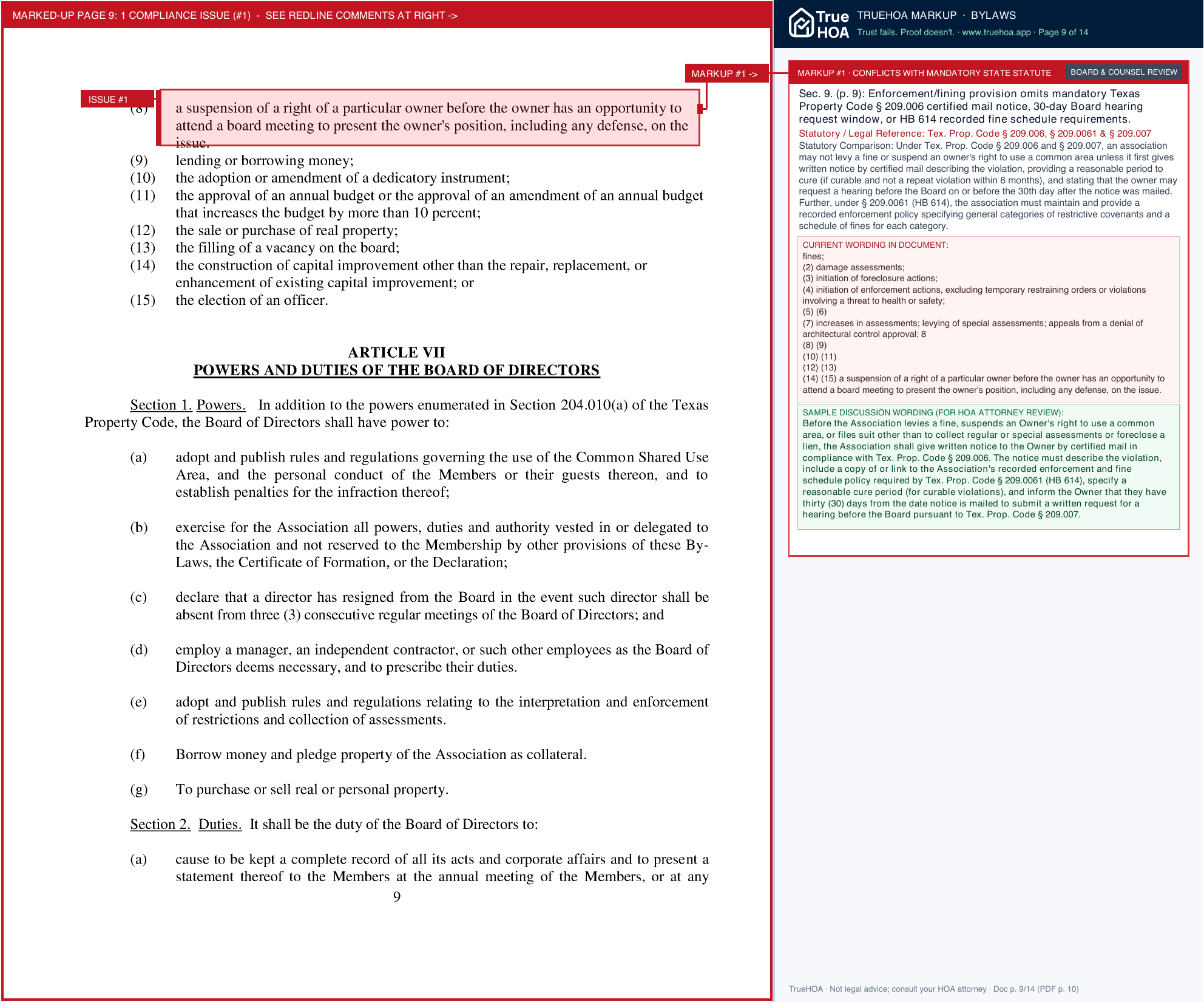 The Village at High Meadow Community Association Association Bylaws page 9 widened with TrueHOA Crystal AI margin annotations