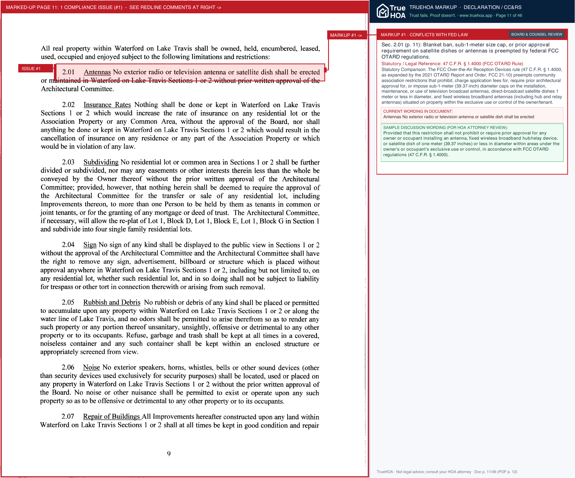 Waterford on Lake Travis POA II Declaration of Covenants, Conditions & Restrictions page 11 widened with TrueHOA Crystal AI margin annotations