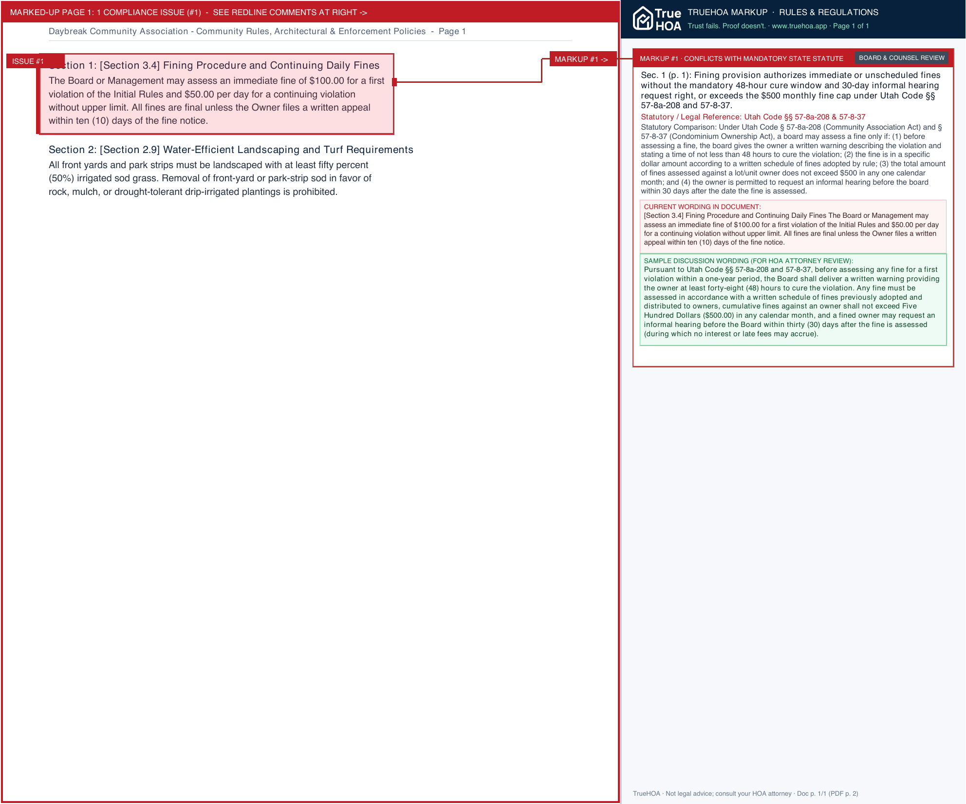 Daybreak Community Association Community Rules, Architectural & Enforcement Policies page 1 widened with TrueHOA Crystal AI margin annotations