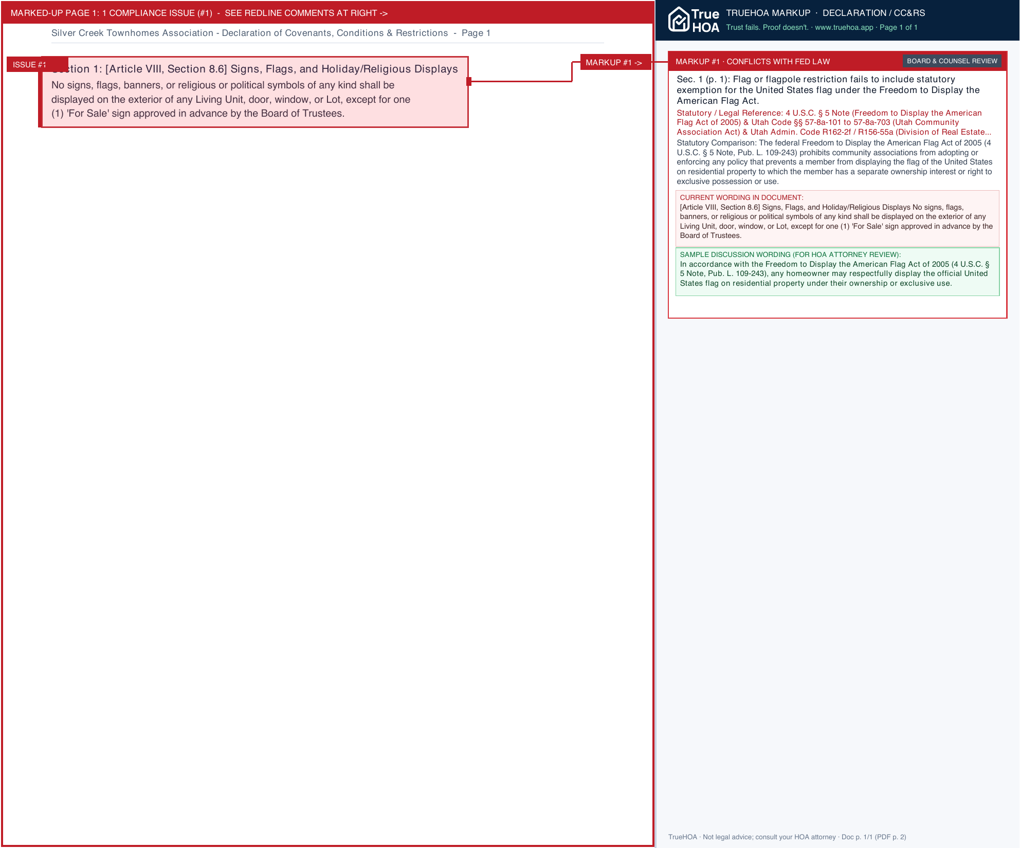Silver Creek Townhomes Association Declaration of Covenants, Conditions & Restrictions page 1 widened with TrueHOA Crystal AI margin annotations