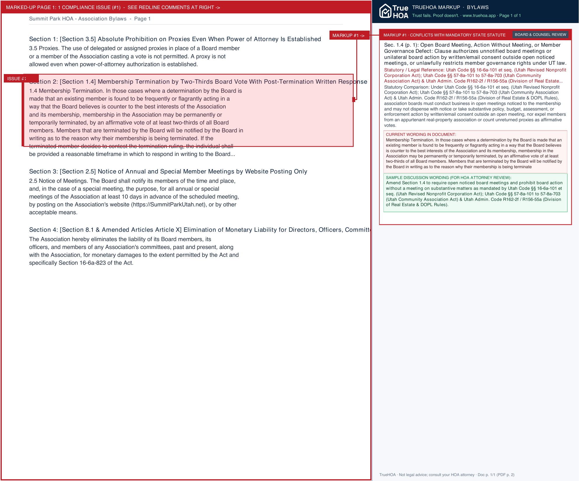 Summit Park HOA Association Bylaws page 1 widened with TrueHOA Crystal AI margin annotations