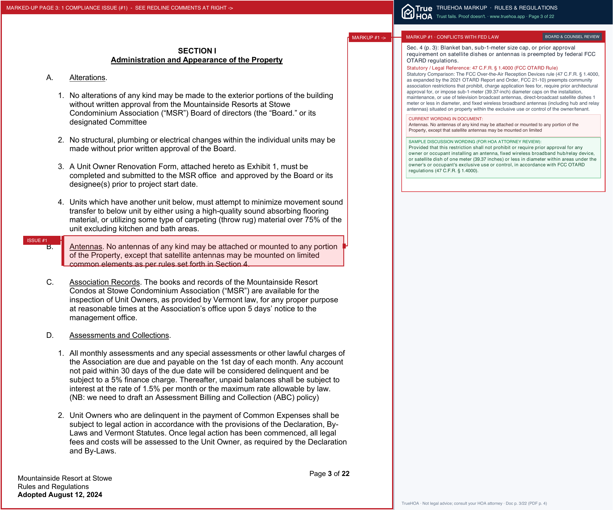 Mountainside Resort at Stowe Condominium Association MSR Condo Rules Regulations Adopted 08.08.2024 page 3 widened with TrueHOA Crystal AI margin annotations