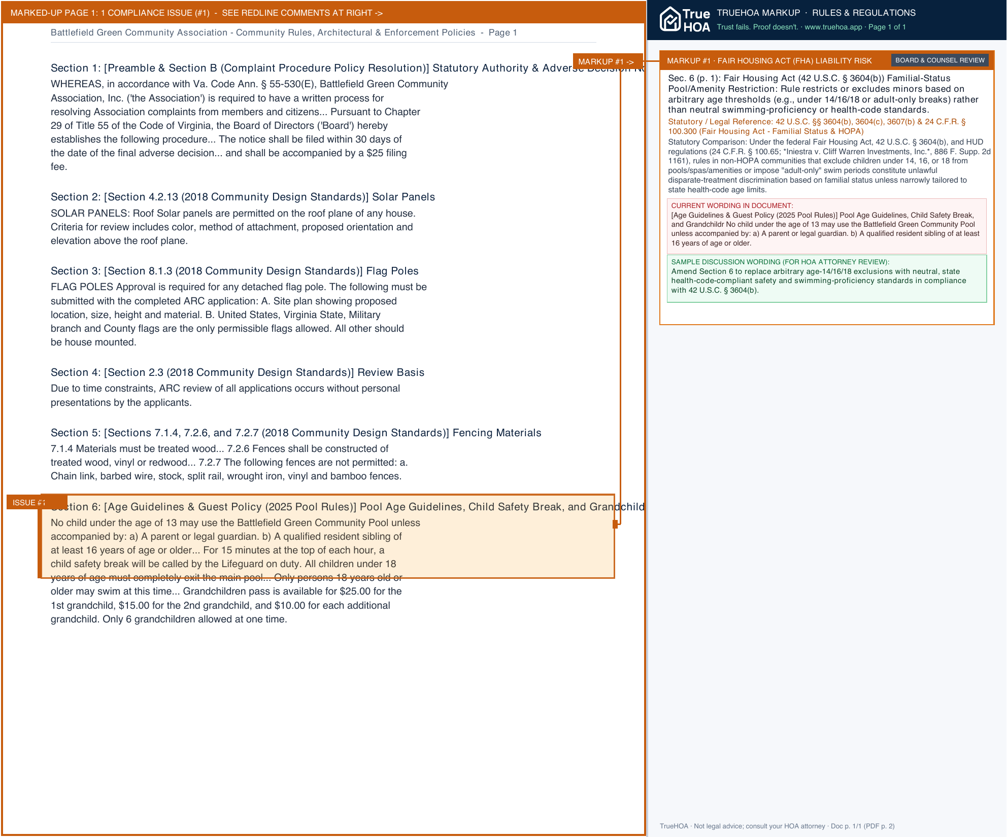 Battlefield Green Community Association Community Rules, Architectural & Enforcement Policies page 1 widened with TrueHOA Crystal AI margin annotations
