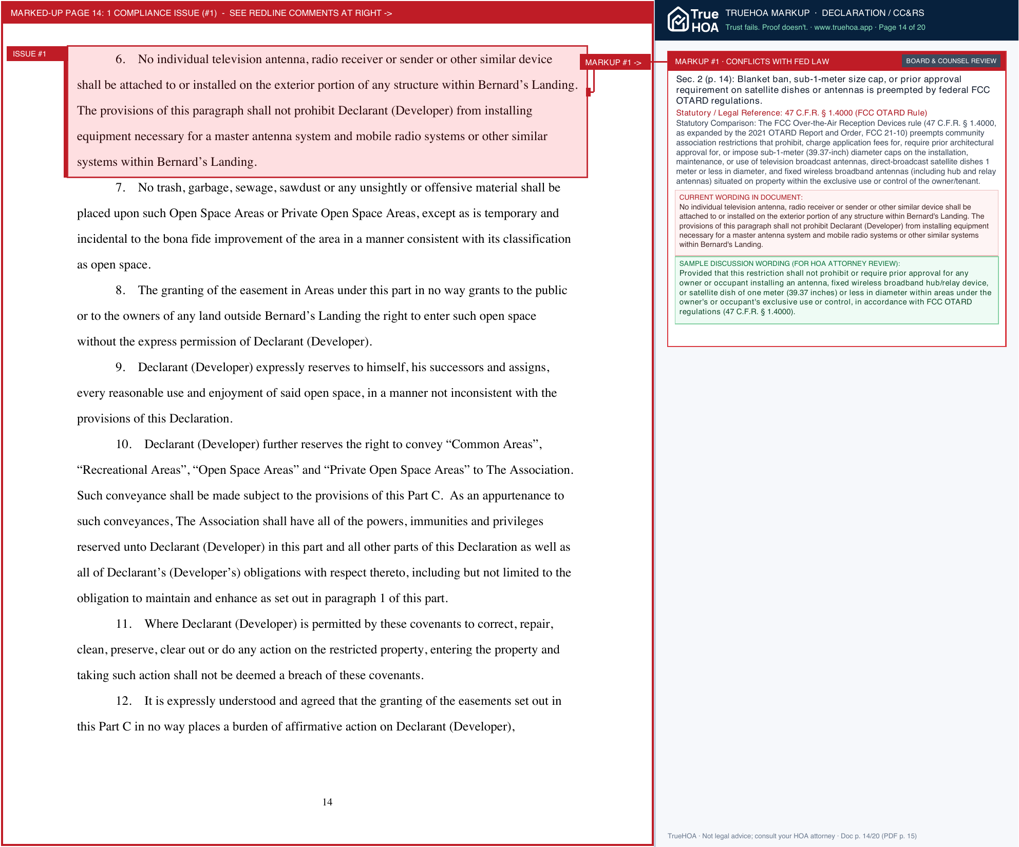 Bernard's Landing Comprehensive POA Covenants Declaration page 14 widened with TrueHOA Crystal AI margin annotations