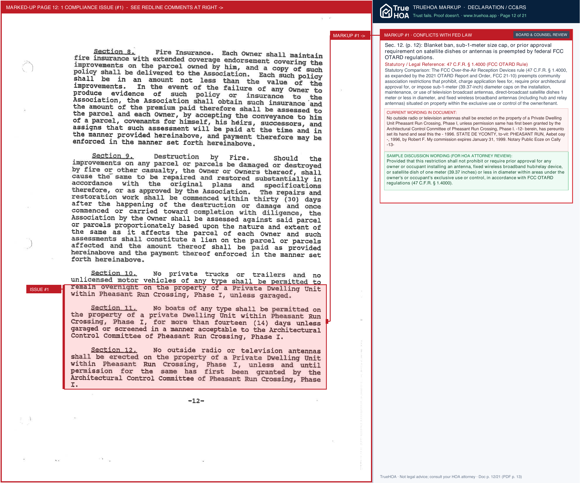 Pheasant Run Crossing HOA Declaration of Covenants page 12 widened with TrueHOA Crystal AI margin annotations