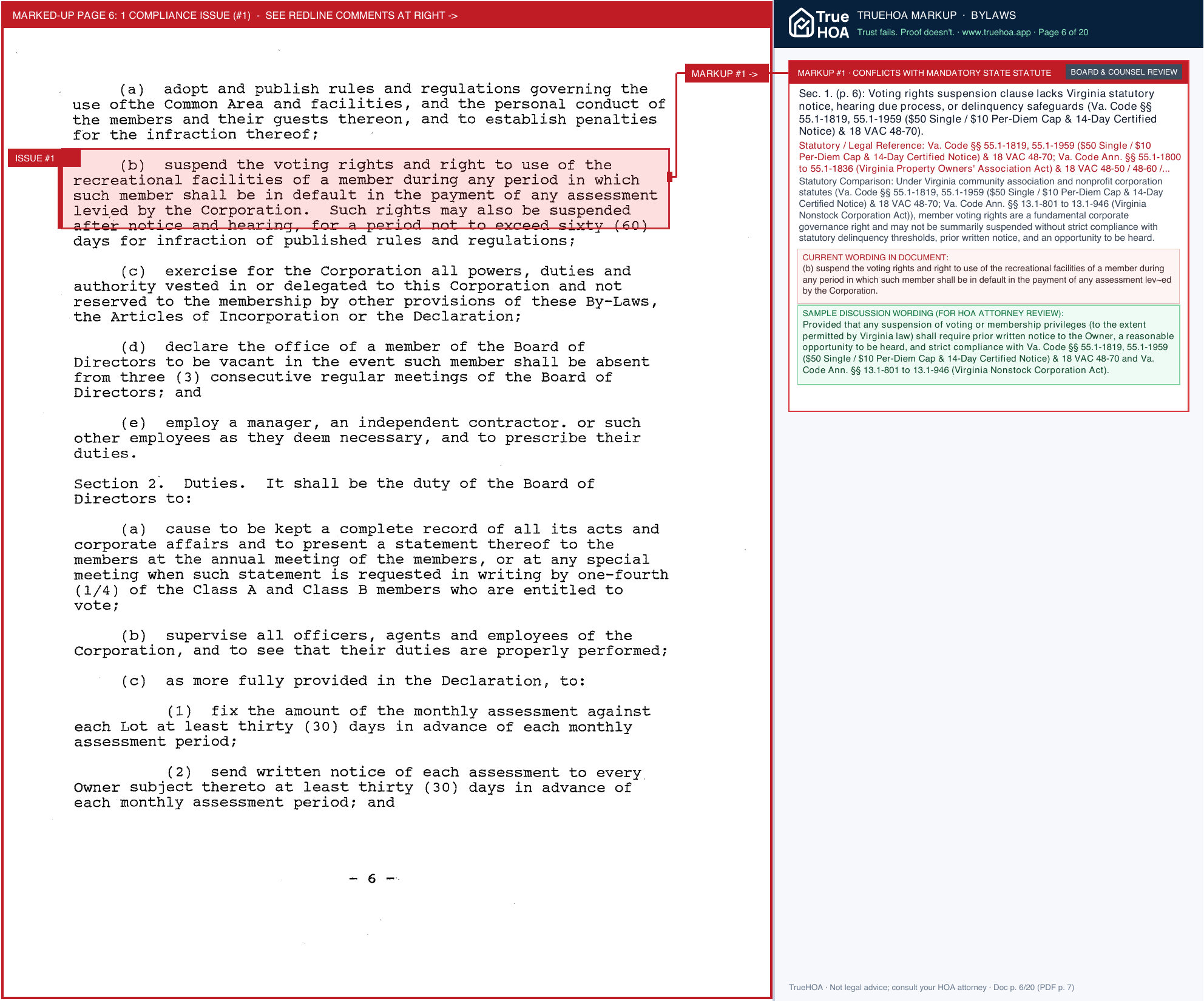 Sugarland Run HOA SRHOA Bylaws page 6 widened with TrueHOA Crystal AI margin annotations