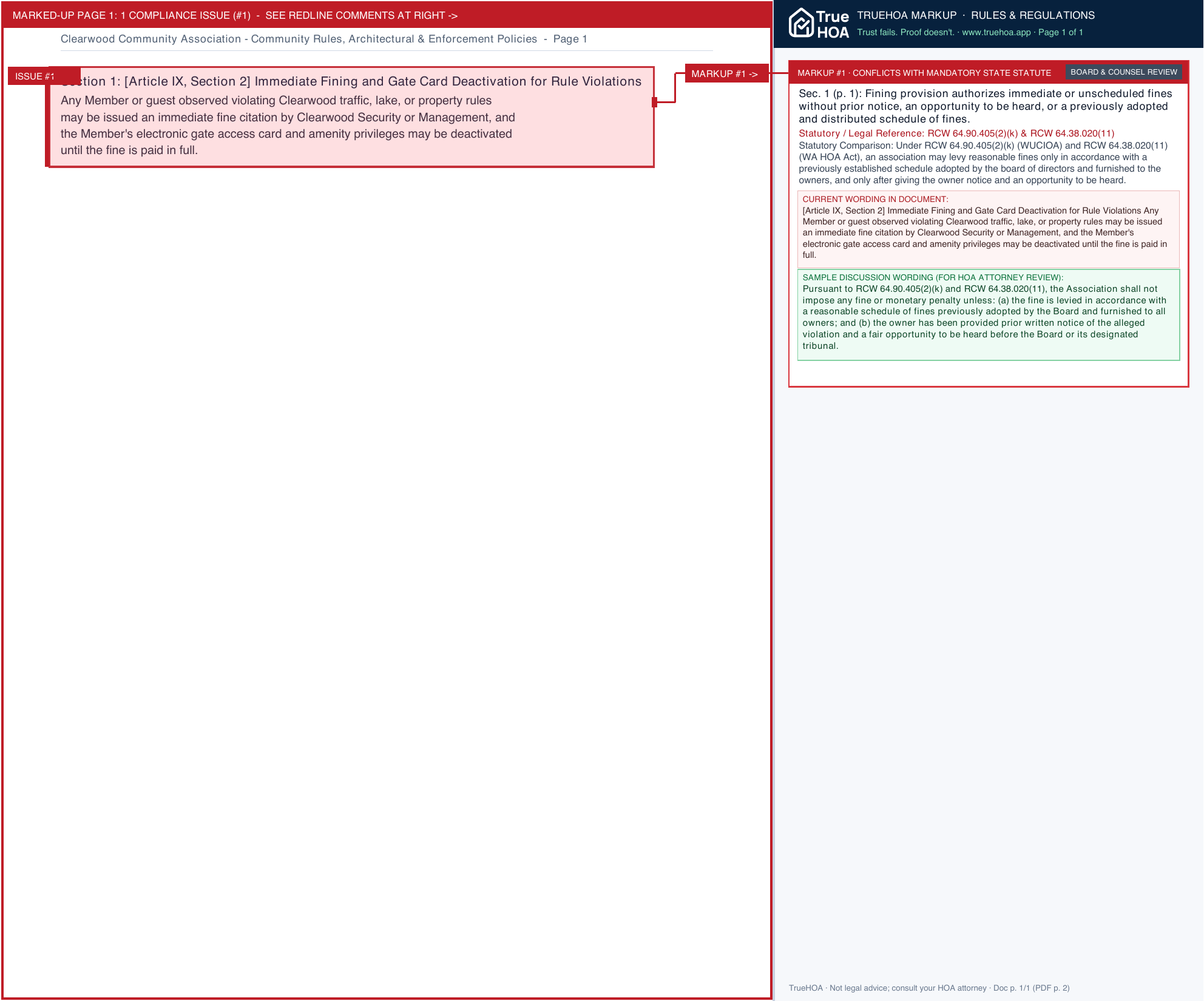 Clearwood Community Association Community Rules, Architectural & Enforcement Policies page 1 widened with TrueHOA Crystal AI margin annotations
