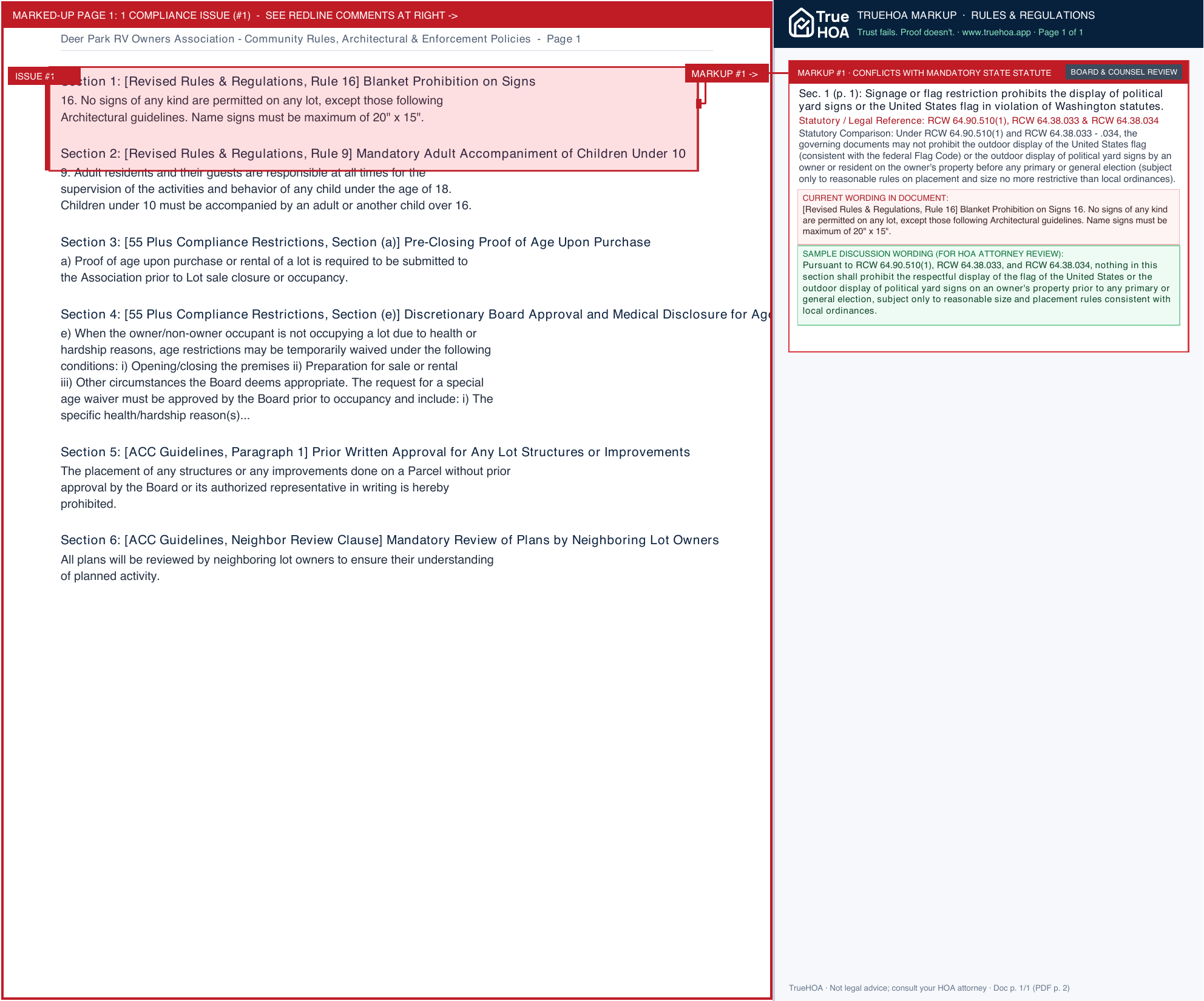 Deer Park RV Owners Association Community Rules, Architectural & Enforcement Policies page 1 widened with TrueHOA Crystal AI margin annotations