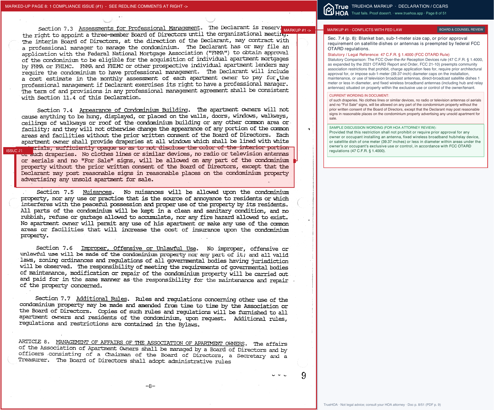 Fairway View Condominium Association Declaration of Covenants, Conditions & Restrictions page 8 widened with TrueHOA Crystal AI margin annotations