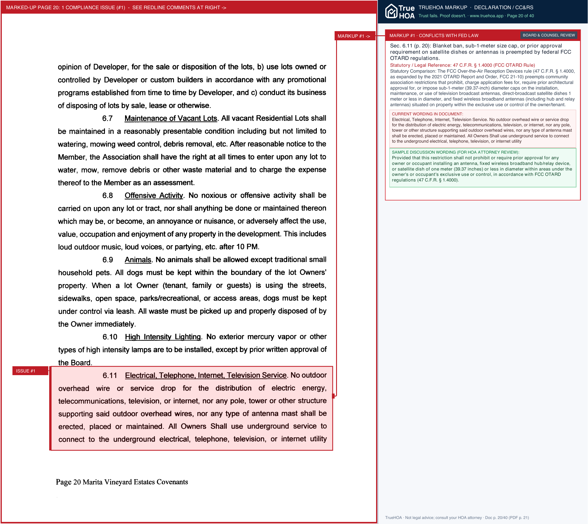 Marita's Vineyard Estates HOA Recorded Covenants 1 page 20 widened with TrueHOA Crystal AI margin annotations