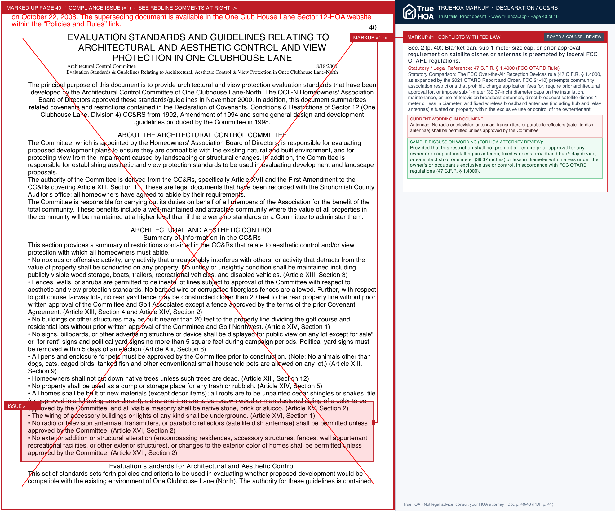 One Club House Lane Sector 12 HOA Covenants Conditions Restrictions CCRs 2 page 40 widened with TrueHOA Crystal AI margin annotations