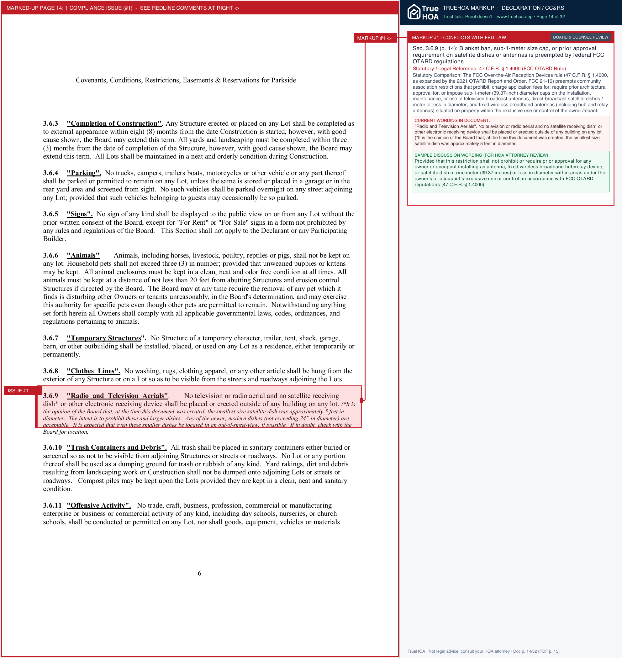Plat of Parkside HOA Parkside CCRs Final legal size filed 8 22 14 page 14 widened with TrueHOA Crystal AI margin annotations