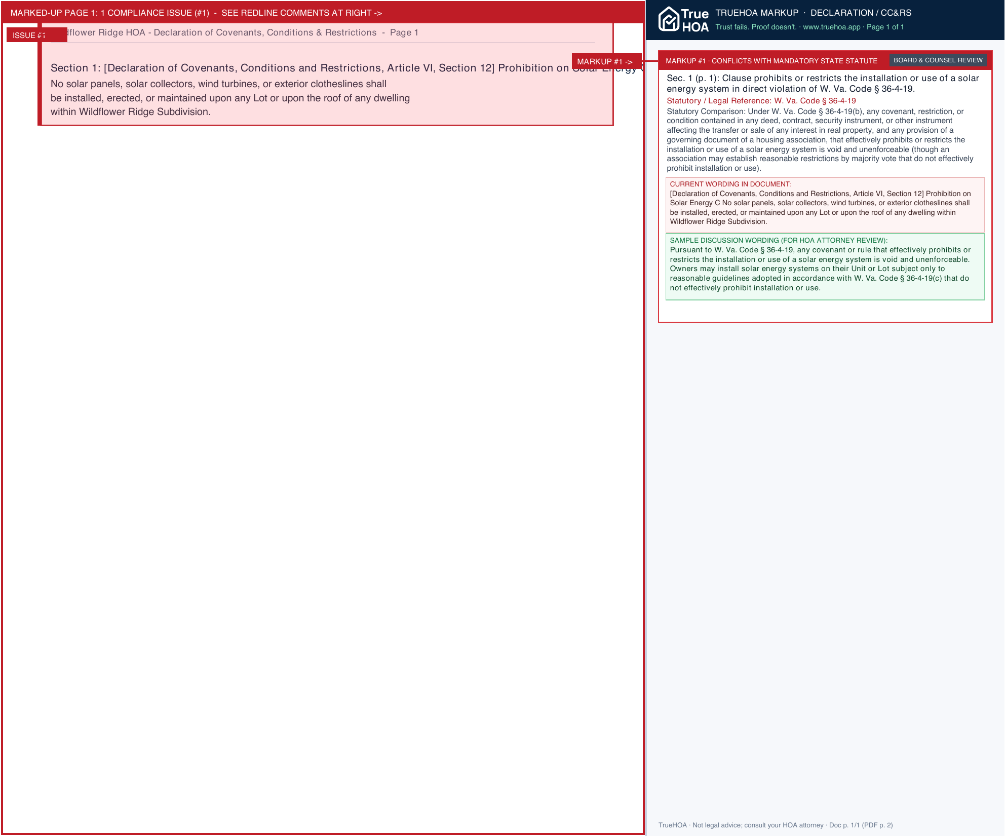 Wildflower Ridge HOA Declaration of Covenants, Conditions & Restrictions page 1 widened with TrueHOA Crystal AI margin annotations