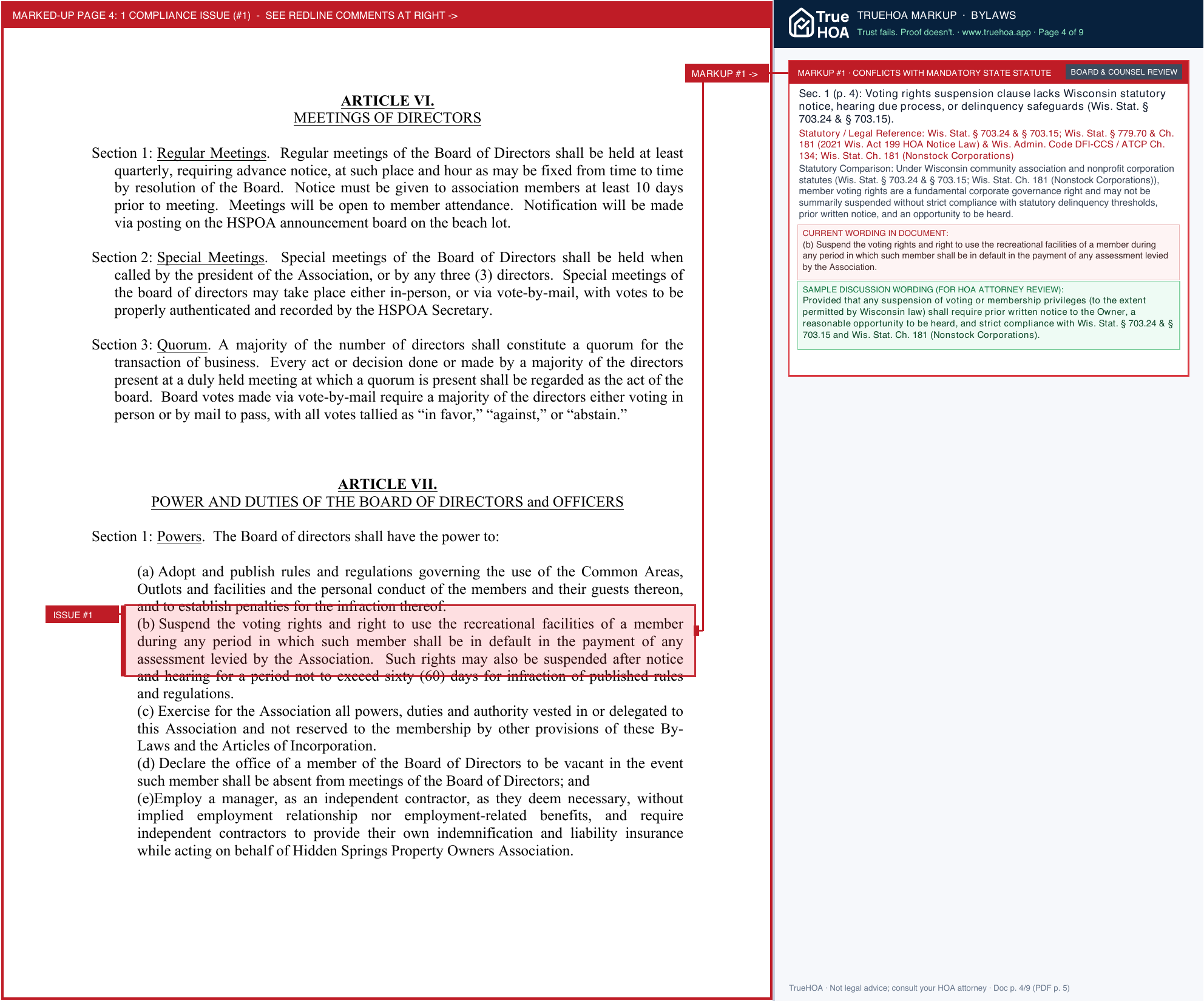 Hidden Springs POA Association Bylaws page 4 widened with TrueHOA Crystal AI margin annotations