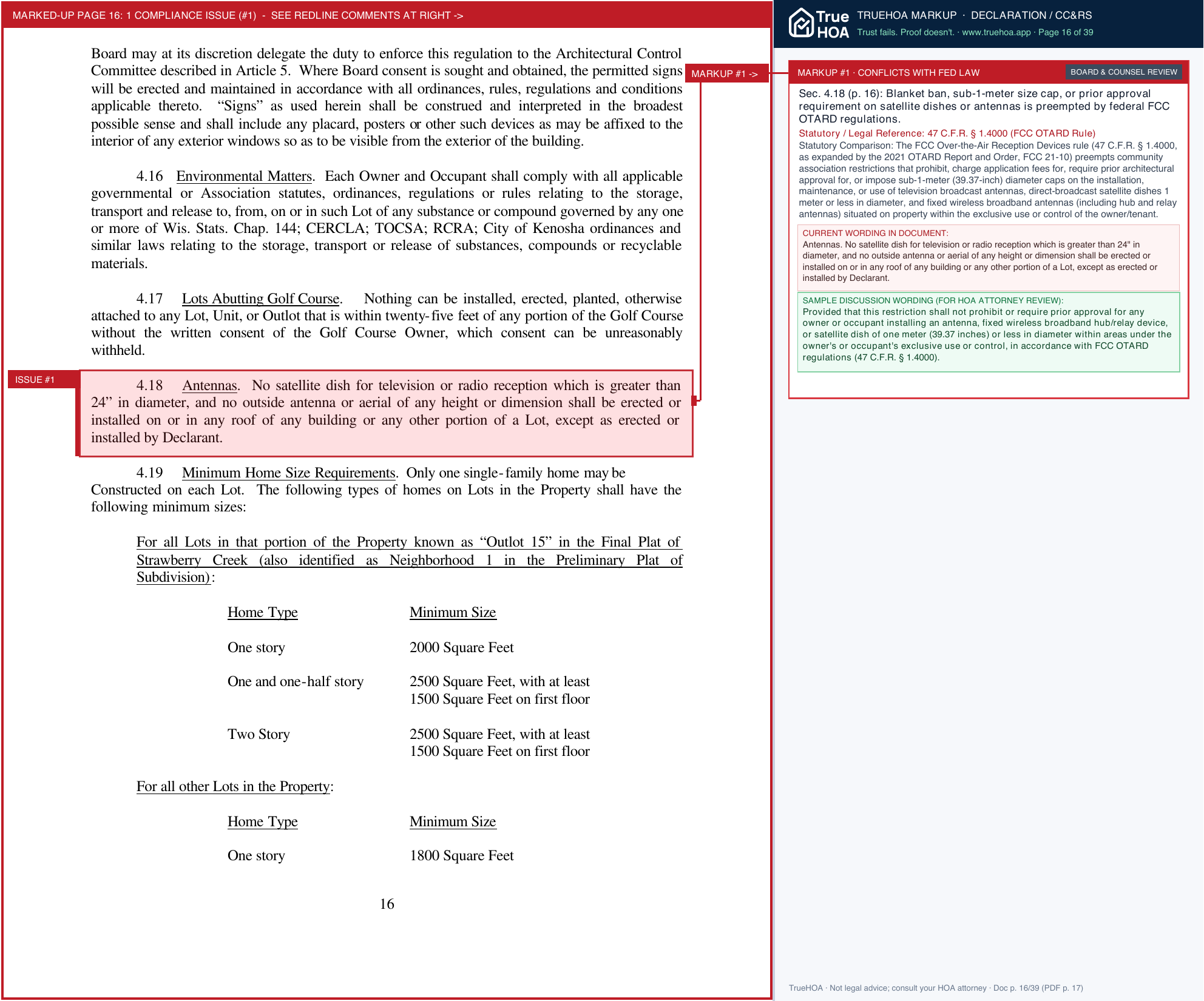 Strawberry Creek HOA Declaration of Covenants page 16 widened with TrueHOA Crystal AI margin annotations