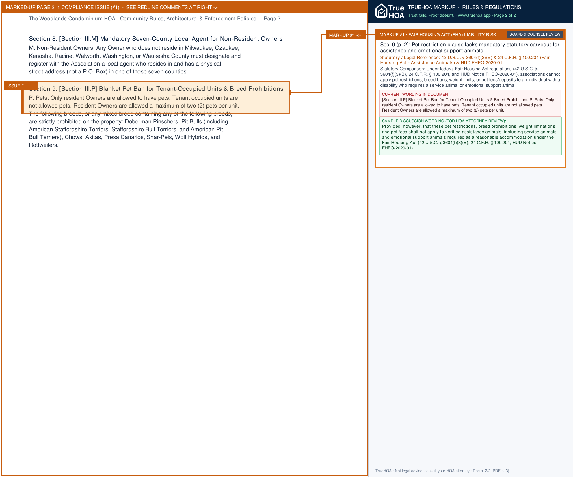 The Woodlands Condominium HOA Community Rules, Architectural & Enforcement Policies page 2 widened with TrueHOA Crystal AI margin annotations
